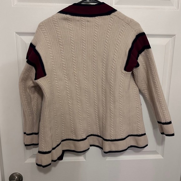 Sandro Paris Wool Cable Knit Cardigan Sweater Small Cream Burgundy - Picture 2 of 10
